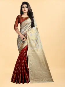 Hinayat Fashion Maroon & Grey Woven Design Zari Silk Blend Banarasi Saree