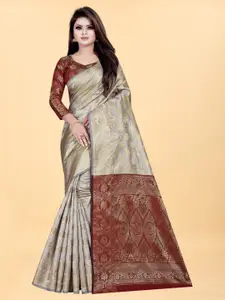 Hinayat Fashion Grey & Maroon Woven Design Zari Silk Blend Banarasi Saree