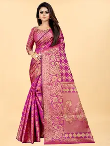 Hinayat Fashion Pink & Gold-Toned Woven Design Zari Silk Blend Banarasi Saree