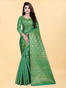 Hinayat Fashion Green & Gold-Toned Woven Design Zari Silk Blend Banarasi Saree