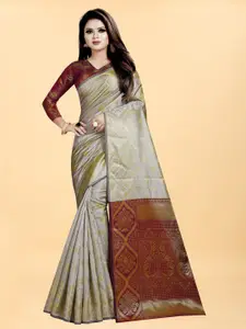 Hinayat Fashion Grey & Maroon Ethnic Motifs Zari Silk Blend Banarasi Saree