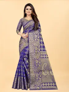 Hinayat Fashion Blue & Gold-Toned Woven Design Zari Silk Blend Banarasi Saree