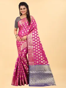 Hinayat Fashion Pink & Blue Woven Design Zari Silk Blend Banarasi Saree