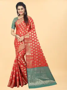 Hinayat Fashion Red & Green Woven Design Zari Silk Blend Banarasi Saree