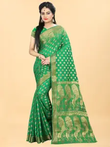 Hinayat Fashion Green & Gold-Toned Woven Design Zari Silk Blend Banarasi Saree
