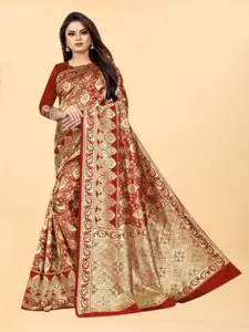 Hinayat Fashion Red & Gold-Toned Woven Design Zari Silk Blend Banarasi Saree