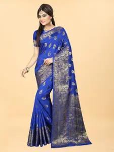 Hinayat Fashion Blue & Gold-Toned Woven Design Zari Silk Blend Banarasi Saree