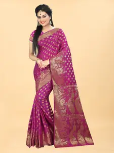 Hinayat Fashion Pink & Gold-Toned Woven Design Zari Silk Blend Banarasi Saree