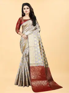 Hinayat Fashion Grey & Maroon Woven Design Zari Silk Blend Banarasi Saree
