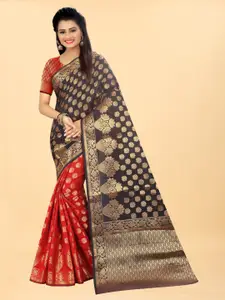 Hinayat Fashion Red & Grey Woven Design Zari Silk Blend Banarasi Saree