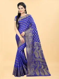 Hinayat Fashion Blue & Gold-Toned Woven Design Zari Silk Blend Banarasi Saree