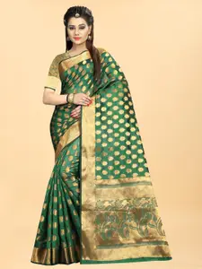 Hinayat Fashion Green & Gold-Toned Woven Design Zari Silk Blend Banarasi Saree