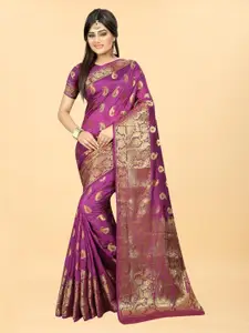 Hinayat Fashion Pink & Gold-Toned Woven Design Zari Silk Blend Banarasi Saree