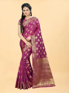 Hinayat Fashion Pink & Gold-Toned Woven Design Zari Silk Blend Banarasi Saree