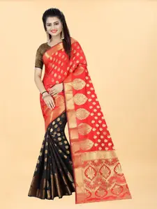 Hinayat Fashion Black & Red Ethnic Motifs Zari Silk Blend Banarasi Saree