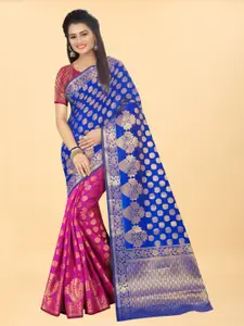 Hinayat Fashion Pink & Blue Ethnic Motifs Zari Silk Blend Banarasi Saree