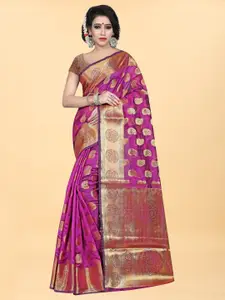 Hinayat Fashion Pink & Gold-Toned Woven Design Zari Silk Blend Banarasi Saree