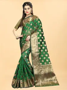 Hinayat Fashion Green & Gold-Toned Woven Design Zari Silk Blend Banarasi Saree