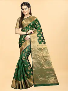 Hinayat Fashion Green & Gold-Toned Woven Design Zari Silk Blend Banarasi Saree