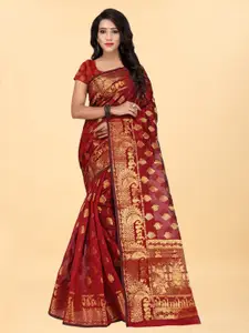 Hinayat Fashion Red & Gold-Toned Woven Design Zari Silk Blend Banarasi Saree