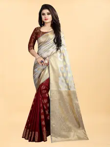 Hinayat Fashion Maroon & Grey Woven Design Zari Silk Blend Banarasi Saree