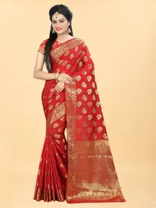 Hinayat Fashion Red & Gold-Toned Woven Design Zari Silk Blend Banarasi Saree