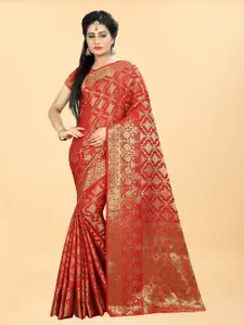 Hinayat Fashion Red & Gold-Toned Woven Design Zari Silk Blend Banarasi Saree