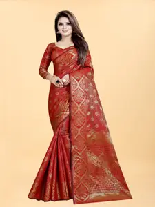 Hinayat Fashion Red & Gold-Toned Woven Design Zari Silk Blend Banarasi Saree