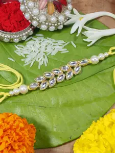 I Jewels Men Gold-Plated White Pearl Rakhi Bracelet