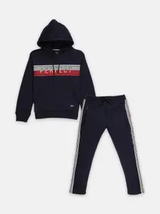 Status Quo Boys Navy Blue Printed Cotton Tracksuits