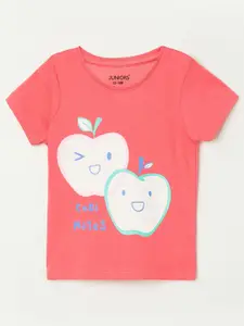 Juniors by Lifestyle Girls Coral & begonia Printed Pure Cotton Applique T-shirt