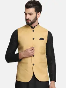 TAHVO Men Gold-Colored Solid Nehru Jacket