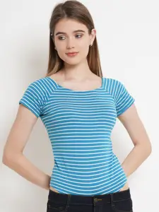 Purple State Women Blue Striped Slim Fit T-shirt