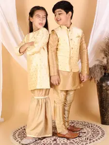 VASTRAMAY Boys Rose Gold Printed Kurta with Pyjama With Woven Nehru Jacket