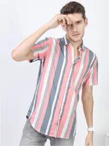 HIGHLANDER Men Peach-Coloured Slim Fit Multi Stripes Striped Casual Shirt
