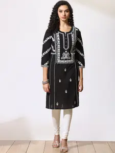Lakshita Women Black Paisley Embroidered Flared Sleeves Chikankari Kurta