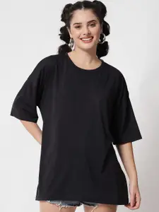 Kotty Women Black Drop-Shoulder Sleeves Applique Oversized  T-shirt