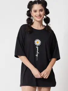 Kotty Women Black Typography Printed Drop-Shoulder Sleeves Applique Oversized T-shirt