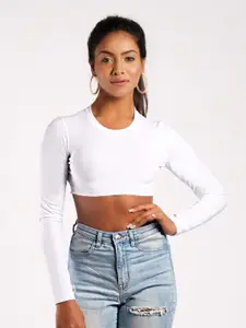 Oh So Fly Women White Solid Pure Cotton Fitted Crop Top