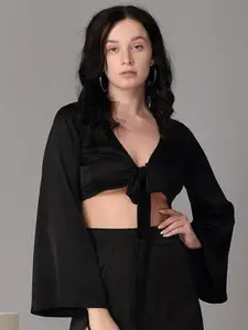 Oh So Fly Black Solid Front Tie Up Satin Crop Top