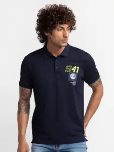SPYKAR Men Blue Printed Polo Collar Applique Slim Fit T-shirt