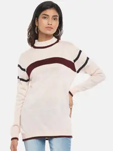 Honey by Pantaloons Women Pink & Burgundy Colourblocked Pullover with Fringed Detail