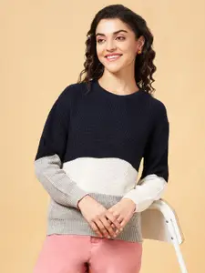 Honey by Pantaloons Women Navy Blue & White Colourblocked Pullover