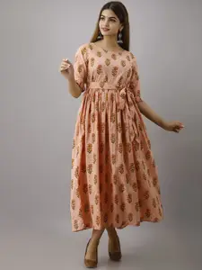 KIMAYRA Women Peach-Coloured Ethnic Motifs Printed Flared Sleeves Gotta Patti Kurta