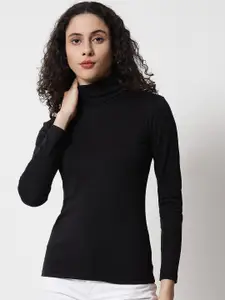 LE BOURGEOIS Black Solid Highneck Full Sleeve Casual Top
