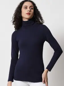LE BOURGEOIS Navy Blue Turtle Neck Knitted Fitted Top