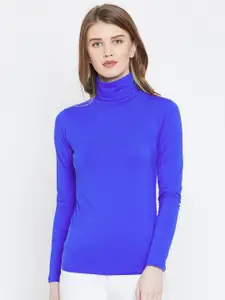 LE BOURGEOIS Blue Solid Turtle Neck Knitted Fitted Top