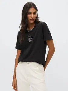 MANGO Women Black Typography Printed Drop-Shoulder Sleeves T-shirt