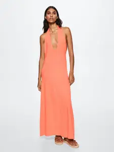 MANGO Coral Orange Solid Plunge Neck Maxi Dress