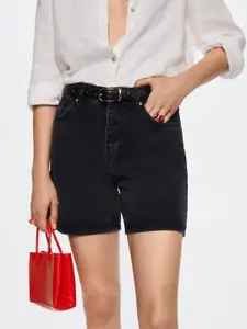 MANGO Women Black Solid High-Rise Pure Cotton Straight Denim Shorts